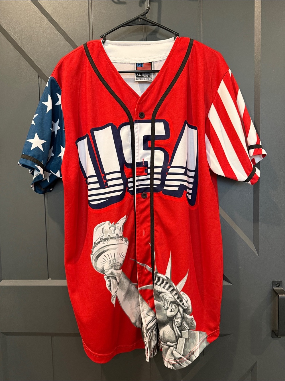 Champion Red USA Baseball Jersey with Stars & Stripes Sleeves